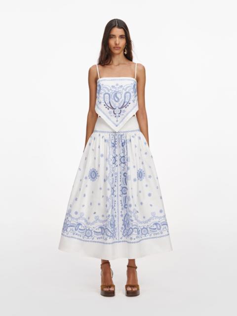 self-portrait White And Blue Embroidered Midi Skirt
