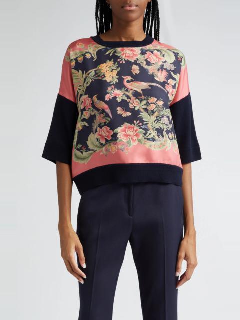 Etro Mixed Media Silk & Wool Sweater in Coral/Navy