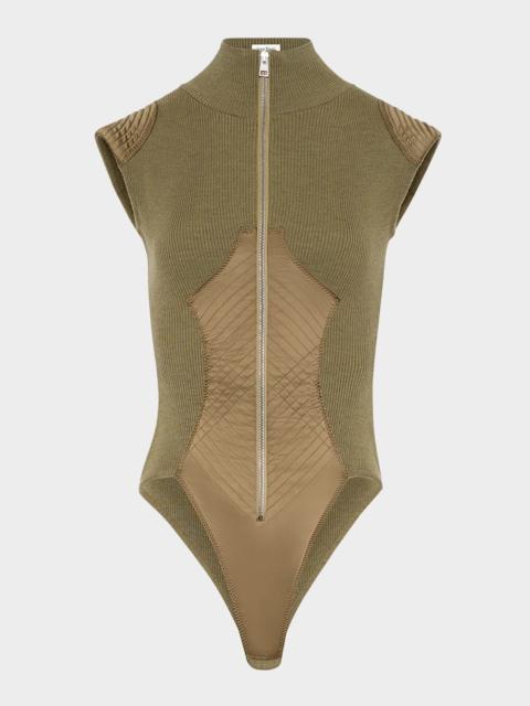 Jean Paul Gaultier Merino Wool Rib Cap-Sleeve Zip Bodysuit