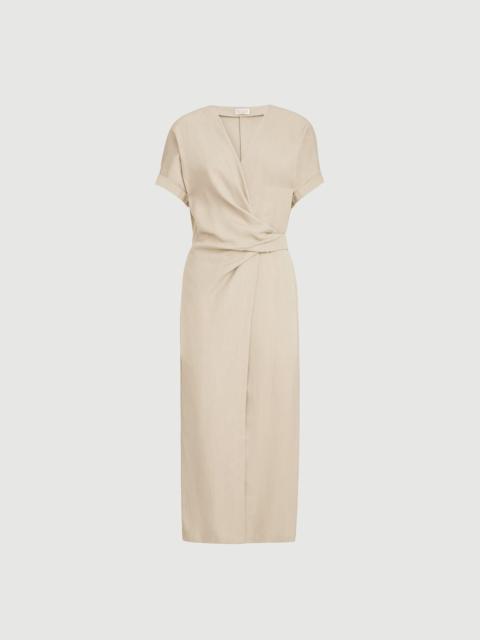 Brunello Cucinelli Viscose and linen fluid twill wrap-effect dress with monili