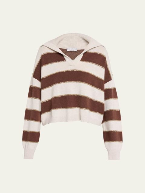 Brunello Cucinelli Paillette Striped Cashmere Sailor Sweater