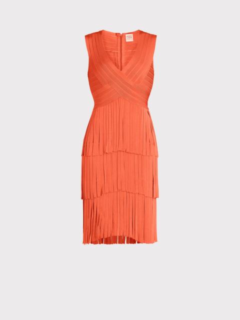 HERVE LEGER V NECK FRINGED MIDI DRESS