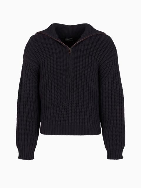 Oversized virgin-wool jumper with a partial zip in half fisherman’s-rib knit