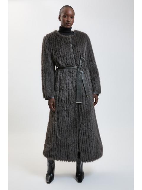 KAREN MILLEN Textured Faux Fur Belted Collarless Long Coat