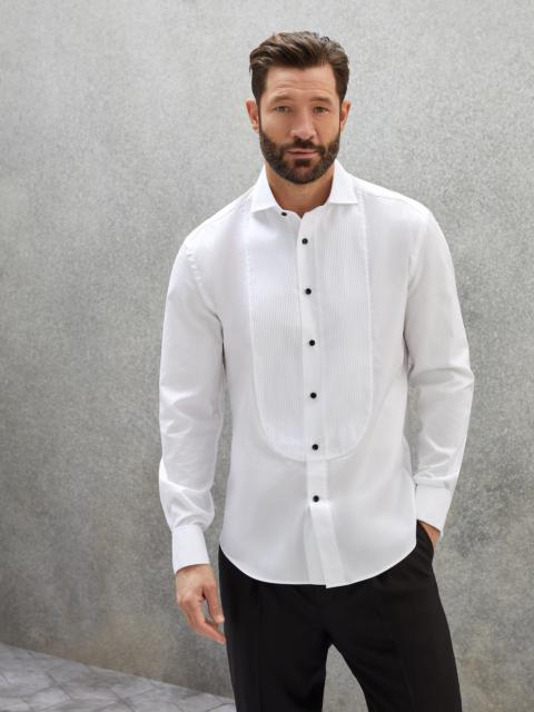 Sea Island Cotton twill slim fit tuxedo shirt with pleated bib, spread collar and French cuffs