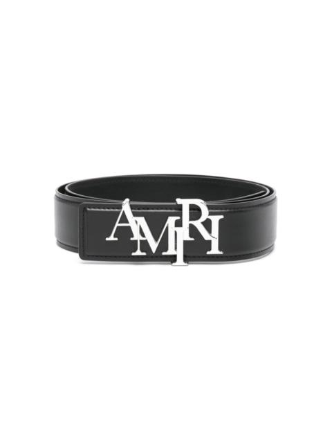 Staggered logo-buckle leather belt