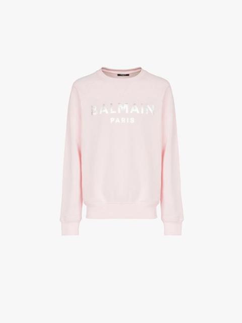 Balmain Pale pink eco-designed cotton sweatshirt with silver Balmain Paris logo print