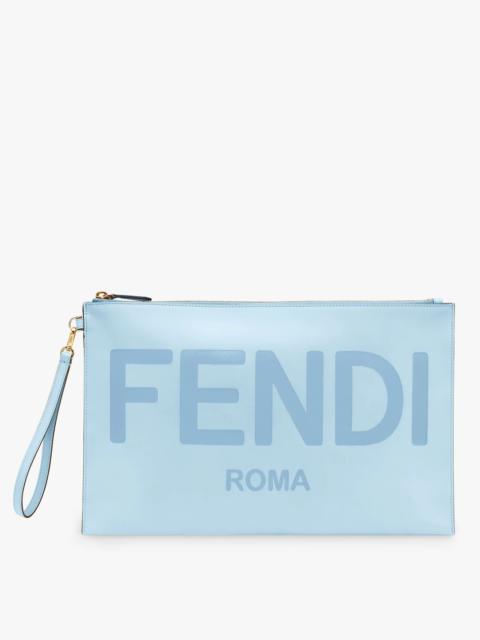 FENDI Large pouch with removable bracelet handle. Zip fastening. Made of leather shades of light blue. Emb