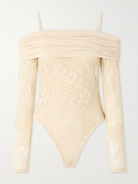Zimmermann Off-the-shoulder ruched jersey and stretch-lace bodysuit Cream