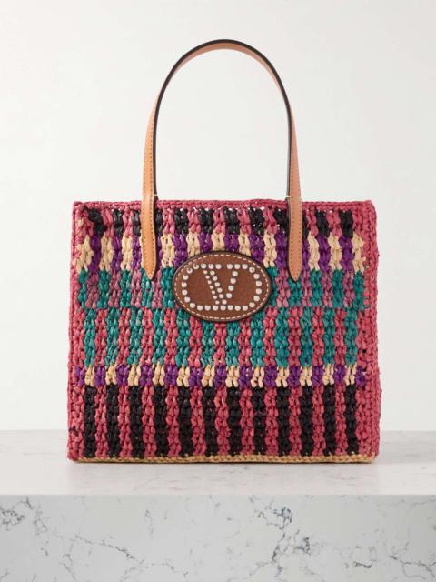 Valentino VLogo studded leather-trimmed raffia tote Multi