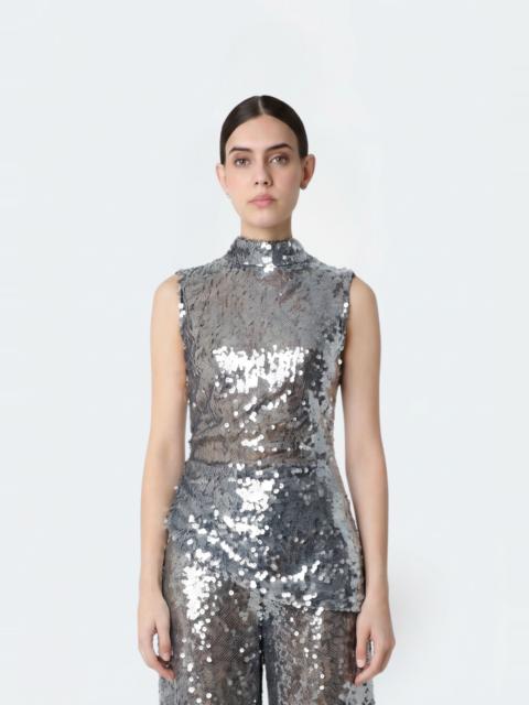 LAPOINTE Mesh Sequin Mockneck Top With Pleats