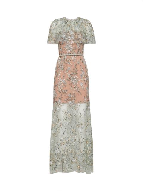 self-portrait Mint embroidered tulle cape maxi dress