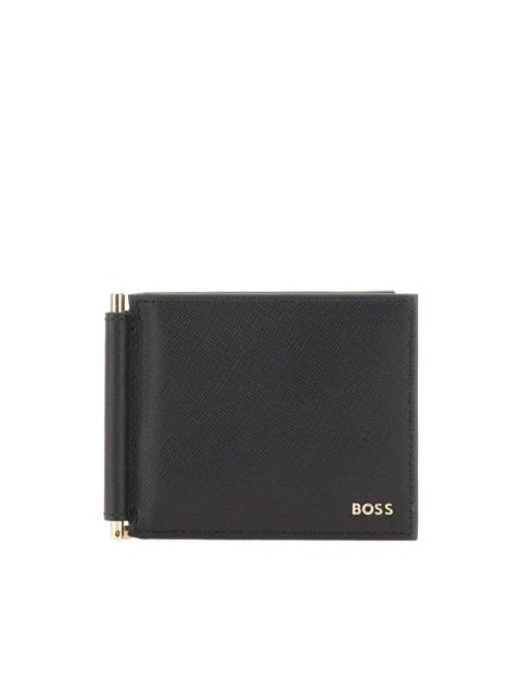 BOSS textured leather wallet with gold-tone money clip