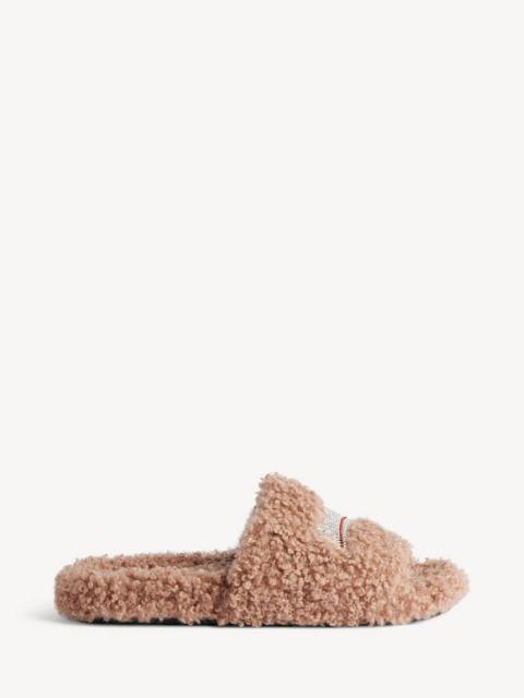 BALENCIAGA Women's Furry Open Mule in Bisque/white/red