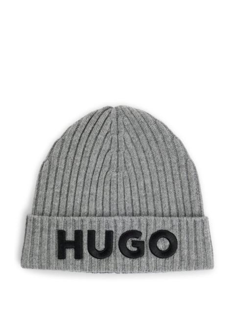 HUGO WOOL BEANIE HAT WITH LOGO DETAIL