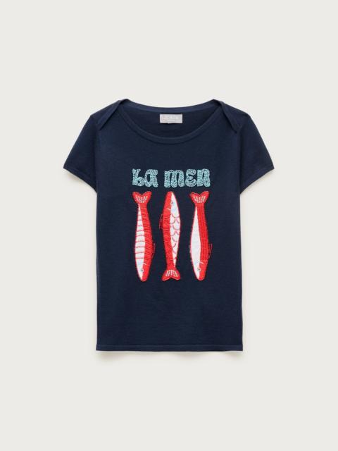 J.CREW Featherweight cashmere beaded "La mer" graphic sweater-tee