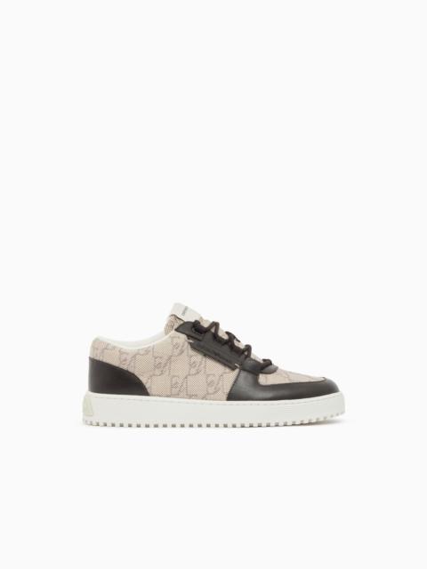 EMPORIO ARMANI SNEAKERS IN CANVAS AND LEATHER WITH AN ALL-OVER LOGO PATTERN