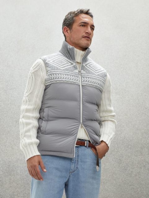 Brunello Cucinelli Bonded nylon paneled down vest with jacquard knit shoulders