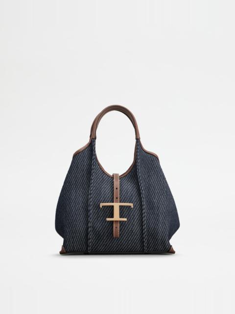 Tod's T TIMELESS SHOPPING BAG IN DENIM AND LEATHER MINI - BLUE, BROWN