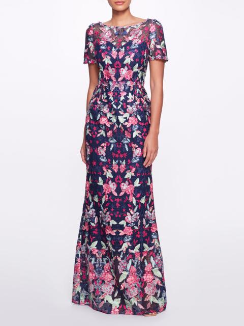 Marchesa FLORAL EMBROIDERED TULLE GOWN