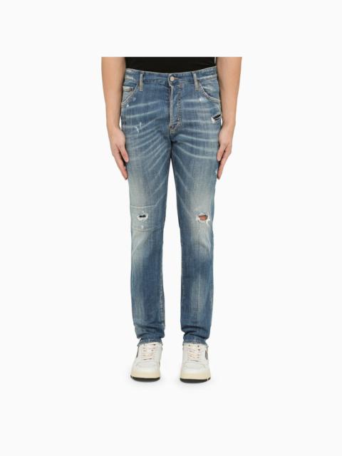 Regular blue washed denim jeans with wear