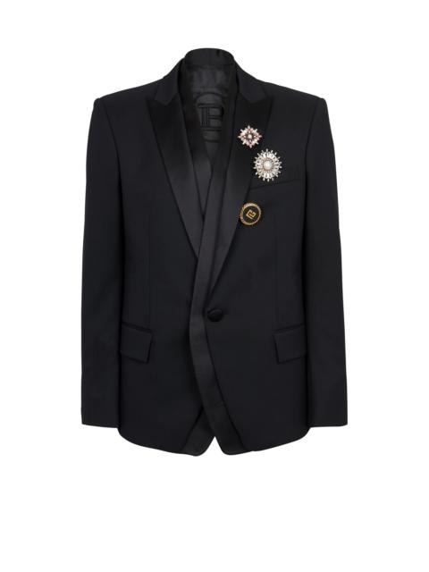 Balmain Wool blazer with embroidered badges and satin collar
