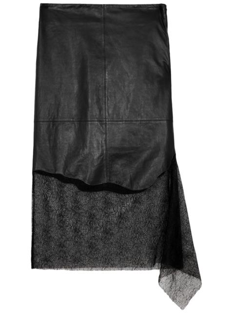 Lace-panelled leather midi skirt