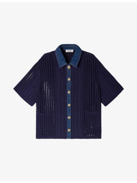 Sandro Short-Sleeved Denim-Trim Crochet Cardigan