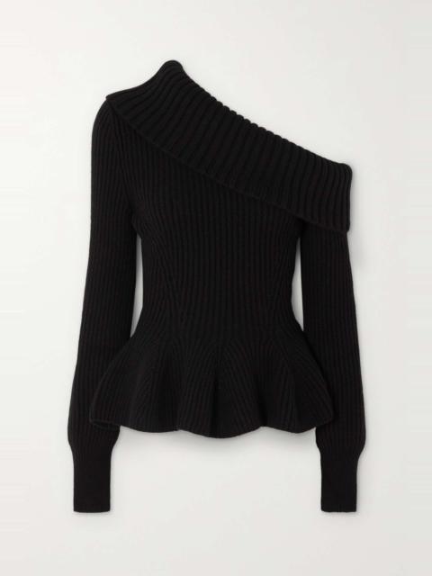Alexander McQueen One-shoulder ribbed wool and cashmere-blend peplum sweater