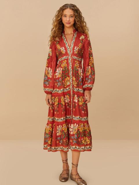 Red Garden Delight Long Sleeve Midi Dress