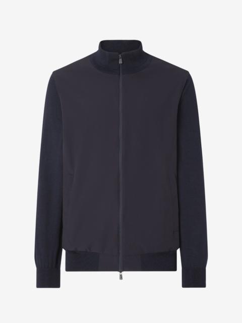 CORNELIANI Blue full zip wool and stretch technical fabric jumper