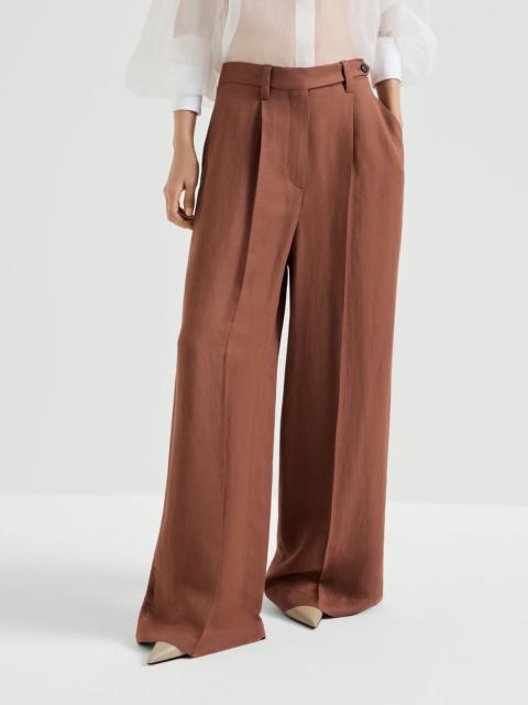 Brunello Cucinelli Viscose and linen fluid twill wide trousers with monili