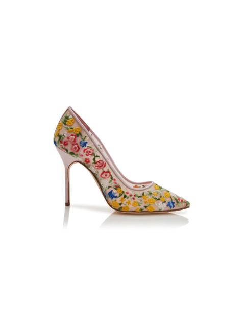 Manolo Blahnik Multicoloured Mesh Floral Embroidered Pumps