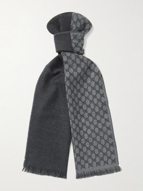 GUCCI Alfie Frayed Logo-Jacquard Wool Scarf Gray