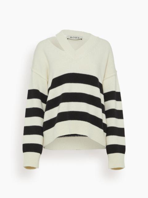 RÓHE Deconstructed Cashmere Knitted Breton V-Neck in Off White/Black White Stripe