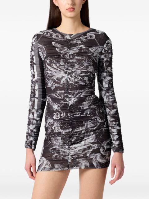 PHILIPP PLEIN wrinkled butterfly-print mini dress