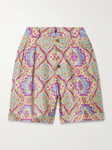 Pleated printed silk-twill shorts