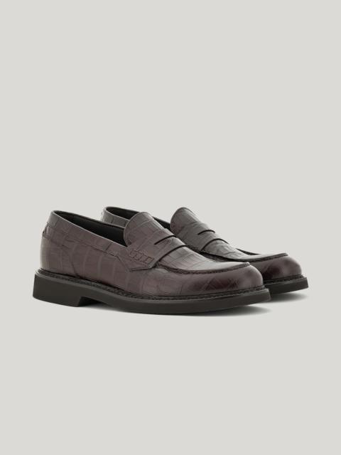 Canali DARK BROWN COLLEGE MOCCASIN LOAFERS IN CROCODILE PRINT CALFSKIN WITH COVERING