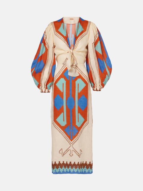 Johanna Ortiz Printed tie-detail linen midi dress