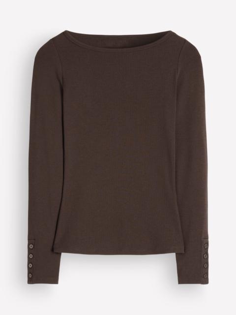 BODEN Button Cuff Ribbed Boatneck-Bitter Chocolate