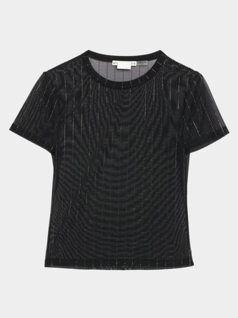 Alice + Olivia Tess Pinstripe Embellished Mesh Short-Sleeve Top