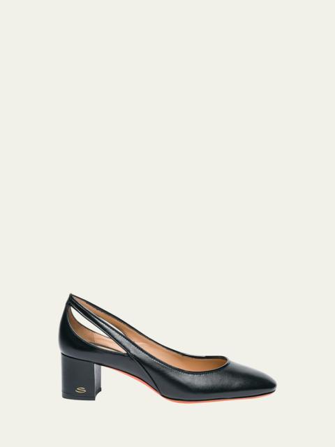 Santoni Cut-Out Mixed Leather Block Heel Pumps