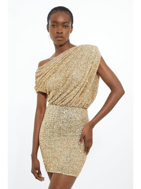 KAREN MILLEN Draped One Shoulder Jersey Stretch Sequin Mini Dress