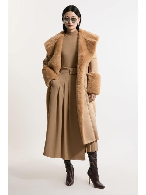 KAREN MILLEN Faux Shearling Collar & Cuff Belted Midi Coat