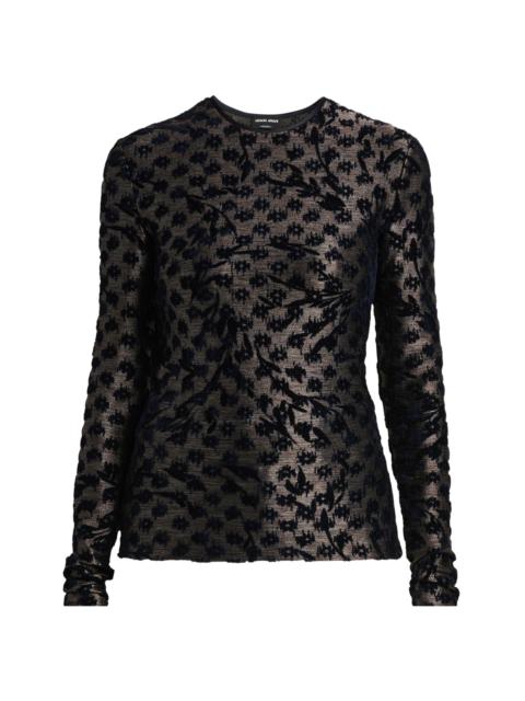 GIORGIO ARMANI Women's Floral Metallic Burnout Top - Dark Navy