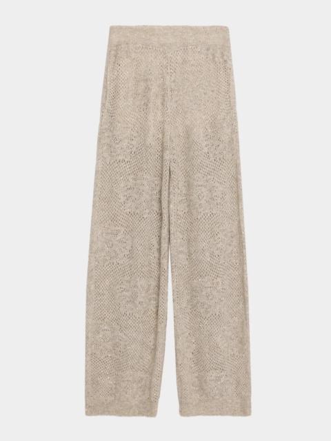 Brunello Cucinelli Floral Paillette Mohair Open-Knit Wide-Leg Pants