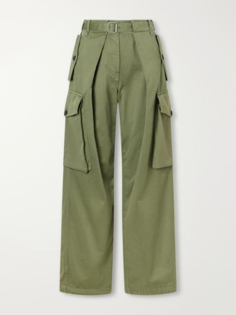 Loewe Belted pleated cotton-gabardine wide-leg cargo pants Army green