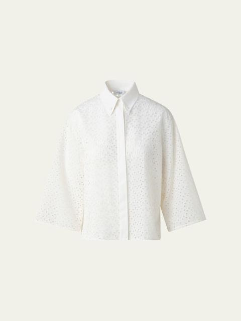 AKRIS Eyelet Three-Quarter Sleeve Poplin Blouse