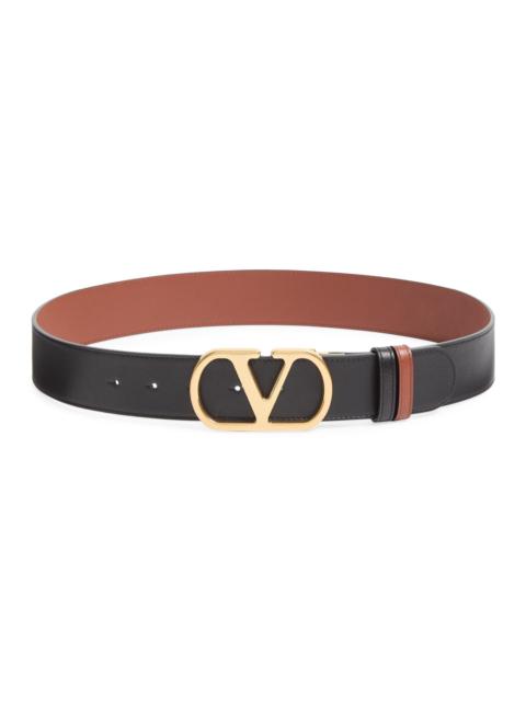 Valentino Women's Reversible VLogo Signature Belt in Glossy Calfskin - Black Deep Caramel