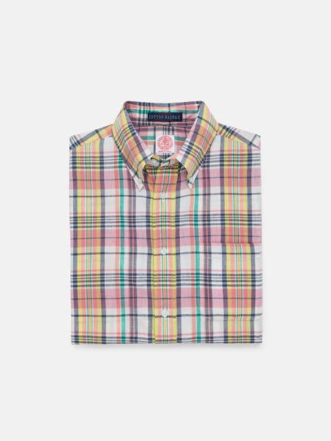 J. PRESS PINK, NAVY & YELLOW MADRAS BUTTON DOWN SHORT SLEEVE SHIRT
